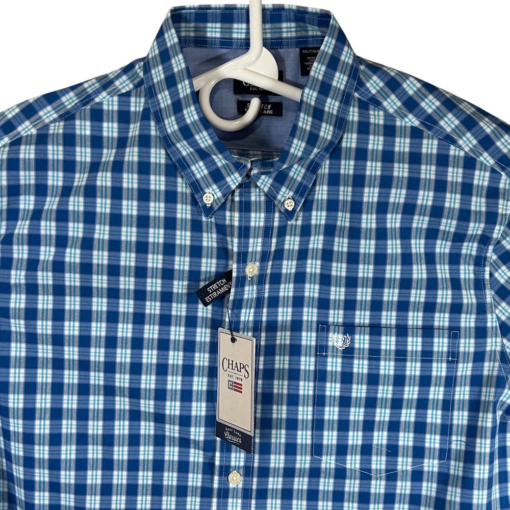 Chaps Mens 2XL Blue Plaid Stretch Easy Care Long Sleeve Button Down Shirt New